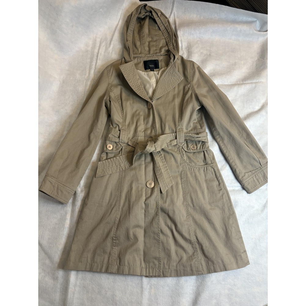 Mossimo Trench Coat Hooded Cotton Beige Belted Button Front Classic Women M